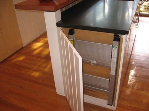 Interesting idea Folding flat step stool hidden in end of cabinet Ikea Step Stool, Kitchen Ladder, Kitchen Step Stool, Pantry Ideas, Modern Home Furniture, Step Ladder, Ikea Kitchen, Counter Tops, Kitchen Remodel Idea