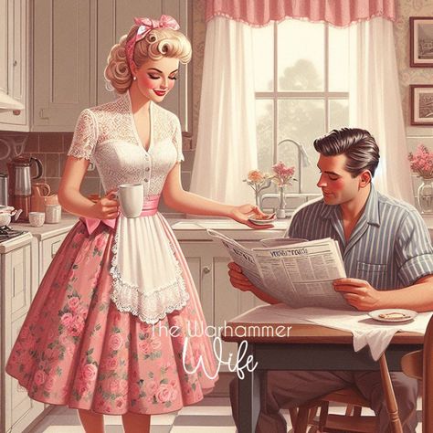 50s Husband And Wife, 1920s Housewife, Housewife Makeup, Stepford Wife Aesthetic, Women In The 50s, Vintage Housewife Aesthetic, 50s Housewife Aesthetic, 1950s Wife, 1950s Housewife Aesthetic