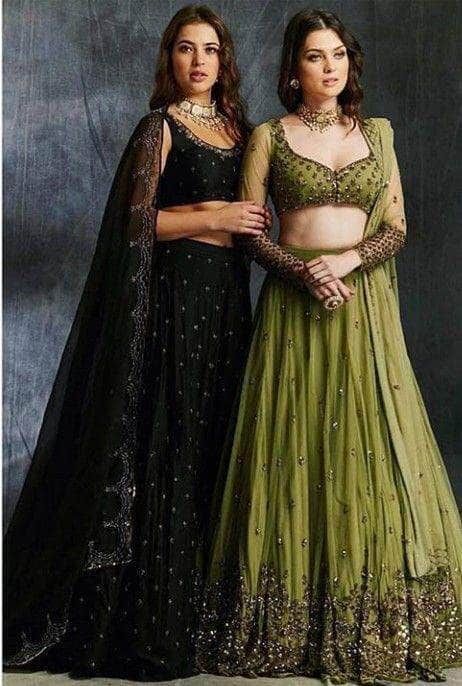 Olive Green Lehenga, Pink Bridal Lehenga, Raw Silk Lehenga, Indian Outfits Lehenga, Lehenga Designs Simple, Lehenga Blouse Designs, Green Lehenga, Ghagra Choli, Ruffles Fashion