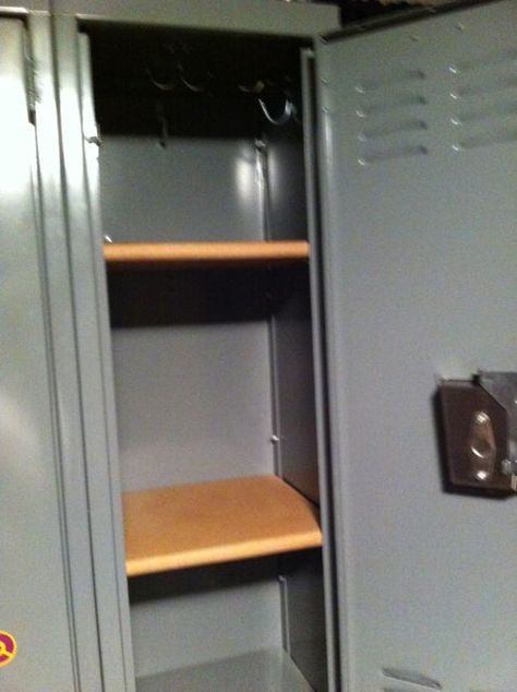 How to DIY since I can't find any that fit Locker Color Ideas, Locker Shelves Diy, Refurbished Lockers, Work Locker Ideas, Work Locker Organization, Diy Locker Shelf, Locker Organization Diy, Rustic Bars, School Locker Organization