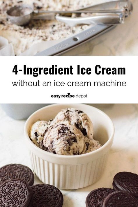 No-churn Oreo ice cream is an easy homemade recipe you can make without an ice cream machine. With just 4 ingredients and a few hour in the freezer, this is the perfect treat for summer! Add your favorite mix-ins or swap the Oreos for your favorite cookie. Learn how to make this at Easy Recipe Depot. #EasyRecipeDepot Homemade Funnel Cake, Fried Dessert, Homemade Hot Cocoa, Easy Meals For Two, Oreo Ice Cream, Easy Homemade Recipes, Homemade Recipe, Funnel Cake, Ice Cream Machine