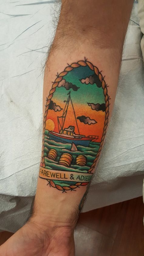 Jaws Traditional Tattoo, Jaws Shark Tattoo, Traditional Jaws Tattoo, Jaws Tattoo Movie, Jaws Tattoo Ideas, Jaws Movie Tattoo, Jaws Tattoo, Horror Sleeve, Tattoo Sea