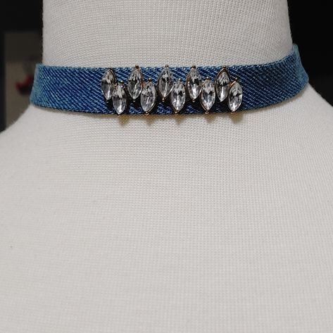 Denim Choker With Marquise Rhinestone Centerpiece. Good Condition, Possibly Unworn. Approx 17" Total Length, Extender Is About 4" Of That. R1 Denim Accessories Jewelry, Neck Ideas, Denim Necklace, Denim Choker, Rhinestone Denim, Jeans Jewelry, Denim Crafts Diy, Denim Jewelry, Jean Crafts