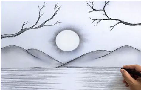 Landscape Ideas To Draw Easy, Nature Pencil Drawings Easy, Graphite Drawings Ideas Easy, Scenery Sketch Landscapes Pencil Drawings Easy, Nature Drawings Simple Sketch Landscape, Landscapes Drawing Easy, Simple Nature Sketches, Sunset Drawing Easy Pencil, Easy Pencil Drawings For Beginners Sketches Simple