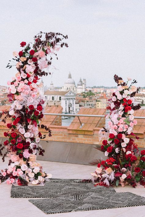 Pink And Red Flower Installation, Red And Pink Ceremony Flowers, Red Flower Arch Wedding, Red And Pink Wedding Party, Red And Pink Floral Arch, Red And Pink Wedding Florals, Red Pink Wedding Flowers, Red Pink Wedding Theme, Red White Pink Wedding