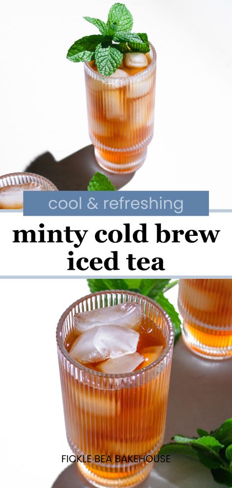 Easy and smooth cold brew iced tea! This recipe is made with bagged black and mint teas, sweetened to your liking, and perfect over ice. #summerbeverage #icedtearecipe #sweettea #minttea Cold Tea Recipes, Black Tea Recipe, Cold Brew Iced Tea, Spearmint Tea, Making Cold Brew Coffee, Iced Tea Recipes, English Breakfast Tea, Baking Basics, Taste Made