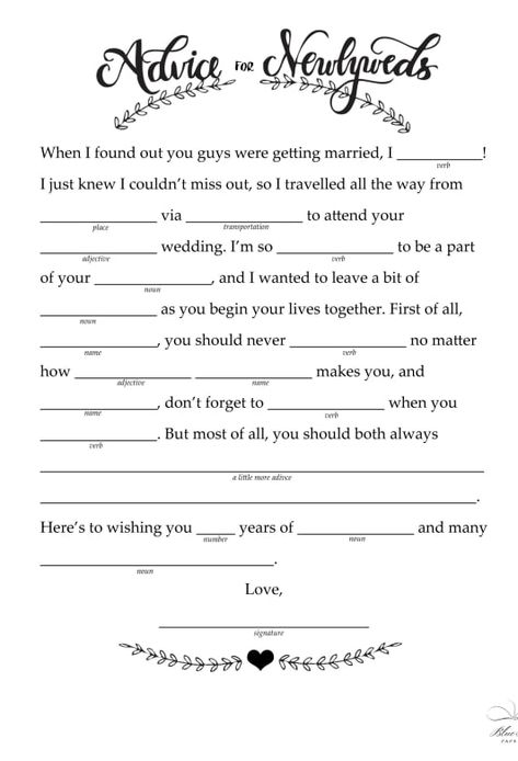 Advice to Newlyweds Planning Printables Free, Wedding Mad Libs, Wedding Planning Printables, Wedding Reception Activities, Wedding Games For Guests, Reception Activities, Mad Libs, Free Wedding Printables, Wedding Activities