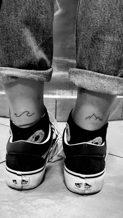 Nature Micro Tattoo, Mountain Tattoo On Ankle, Sea And Mountains Tattoo, Mountain And Sea Tattoo Simple, Wave And Mountain Tattoo Simple, Mountain Tattoo Ankle, Mountain Sea Tattoo, Mountain And Sea Tattoo, Tattoo Berge