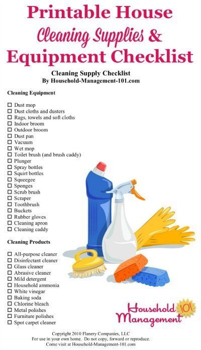 Free printable house cleaning supplies and equipment checklist, so you know exactly what types of cleaning products and tools to stock in your home {courtesy of Household Management 101} #CleaningSupplies #CleaningProducts #CleaningEquipment Cleaning Supplies List Products, Cleaning Supplies Must Have, Cleaning Equipment List, House Cleaning Products Checklist, What Cleaning Products Do I Need, Home Supplies List, Deep Cleaning Supplies List, Cleaning Business Supply List, New House Cleaning Supply Checklist