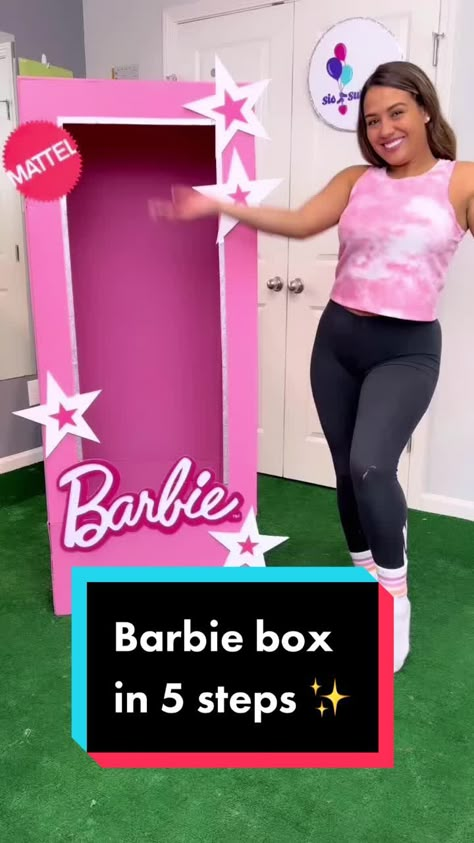 Diy Barbie In A Box Costume, Barbie In A Box Halloween Costume Diy, Barbie Costume Box Diy, Dollar Store Barbie Diy, Barbie Theme Cheer Practice, Life Size Bratz Box Diy, Trunk Or Treat Ideas For Suv Barbie, Barbie Life Size Box, Lifesize Barbie Box Photo Booths Diy