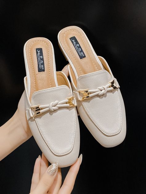 Knot Decor Square Toe Flat Mules Half Slippers, Outer Women, Fashion Slippers, Outer Wear, Shoe Print, Outdoor Wear, Women's Summer Fashion, Tron, Womens Heels