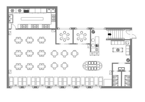 A free customizable canteen design layout template is provided to download and print. Quickly get a head-start when creating your own canteen design layout. You don't need to be professional in design, Edraw floor plan software does everything for you. Cafeteria Plan, Cafe Floor Plan, Canteen Design, Design De Configuration, Restaurant Floor Plan, Cafeteria Design, Restaurant Layout, Restaurant Plan, Restaurant Flooring