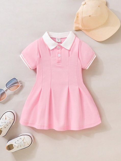 SHEIN Baby Girl Contrast Collar Fold Pleated Detail Polo Neck Dress | SHEIN USA Polo Neck Dress, Cute Clothing Stores, Contrast Collar, Polo Neck, Summer Baby, Polo Dress