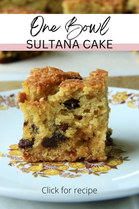 a piece of sultana cake on a plate ready for eating 3 Ingredient Fruit Cake Recipe, Sultana Cake, Fruit Cake Recipe Easy, Almond Cake Recipe, Quick Cake, Tray Bake Recipes, Fruitcake Recipes, Cake Baking Recipes, Biscuit Cake