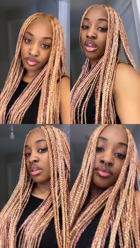 Knotless Hair Color Ideas, Auburn And Blonde Knotless Braids, Blonde Pink Knotless Braids, Unique Braid Colours For Black Women, Color Braids For Brown Skin, Pink And Blonde Mixed Braids, Dyed Hair Braids Hairstyles, Multi Coloured Braids, Knotless Colored Braids