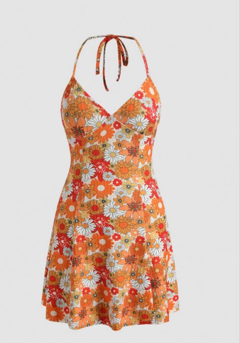 Dresses Sunflower, Dressy Summer Dresses, Retro Floral Dress, Summer Halter Dress, Flower Sundress, Cider Dresses, Alt Clothes, Floral Halter Dress, Boho Mini Dress