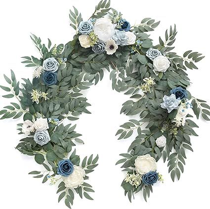 Ling's Moment Artificial Eucalyptus Garland with Flowers 6FT, Wedding Table Garland with Flowers Mantle Decor Handcrafted Wedding Centerpieces for Rehearsal Dinner Bridal Shower | Dusty Blue Lilac Theme, Sweetheart Table Centerpiece, Wedding Table Garland, Willow Flower, Artificial Eucalyptus Garland, Head Table Decor, Photo Booth Backdrop Wedding, Table Garland, Sweetheart Table Wedding