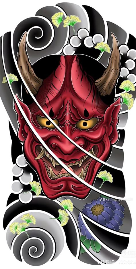 Oni Mask Full Back Tattoo, Hanya Mask Back Tattoo, ဗြဲခေါင်း Tattoo, Hannya Maske Tattoo, Tato Irezumi, Hannya Maske, Japanese Oni Mask, Koi Tattoo Sleeve, Oni Mask Tattoo