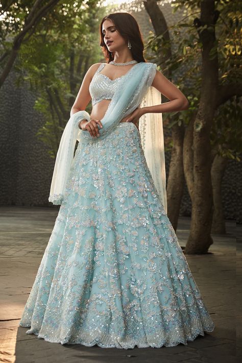 Seema Gujral Lengha, Aza Lehenga, Lengha Inspiration, Baby Blue Lehenga, Lehnga Designs Indian Weddings, Indian Wedding Outfits Sisters, Ice Blue Lehenga, Aesthetic Lehenga, Light Blue Lehenga