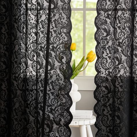 PRICES MAY VARY. Ready-Made:Made from Premium Quality Lace. Sold as Pair, 2 Panels Black lace curtains included.Each panel measures 52 inch wide by 45 inch long, total 104 inch wide. ELEGANT & GOTH DESIGN - Black lace curtains gothic with the scallop edge on the side are delicate for any common areas of your home, living room, bedrooms. These are very pretty and will bring a certain feminine/goth/witch touch to your space. Pefct to spice up any special themed party, for occasions like Halloween, Sheer Lace Curtains, Gothic Curtains, Black Window Treatments, Living Room Halloween Decor, Black Sheer Curtains, Halloween Curtains, Lace Curtain Panels, Retro Curtains, Goth Room Decor