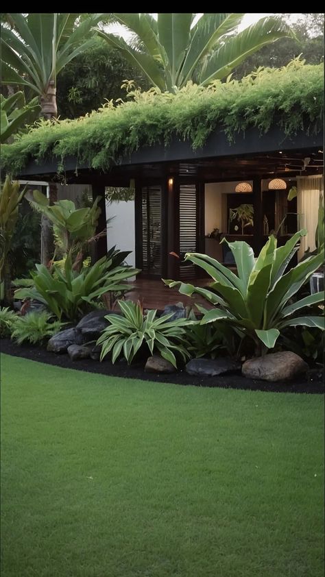 Make Waves with These 15 Tropical Backyard Landscaping Ideas for All Sizes - pulsepathlife.com Backyard Palm Tree Ideas, Lanai Landscape Ideas, Modern Pond Design, Plumeria Tree Landscape Gardens, Palm Tree Landscape Ideas Backyards, Modern Tropical Landscape Design, Modern Tropical Backyard, Palm Tree Garden Ideas, Florida Backyard Ideas