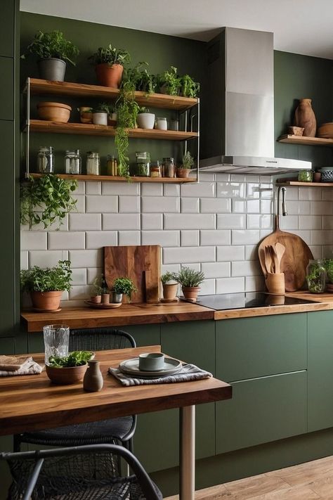 Olive Green Kitchen Cabinets Wood Counter, Kitchen With Olive Green Cabinets, Japandi Kitchen Design Green, Small Green Kitchen Cabinets, Olive Green Kitchen Decor, Earthy Vintage Kitchen, Earthy Green Cabinets, Dark Wood And Green Kitchen, Kitchen Earthy Tones