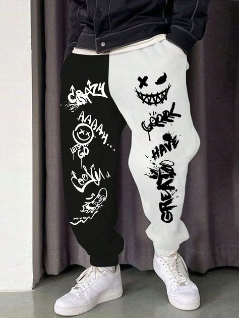 Loose Fit Men's Cartoon & Letter Pattern Two Tone Jogger Pants With Drawstring Waist Black and White    Knitted Fabric Cartoon,Colorblock Jogger Slight Stretch Fall/Winter Men Clothing, size features are:Bust: ,Length: ,Sleeve Length: Winter Drip Outfits Men, All White Streetwear, Black And White Pants Outfit, Hip Hop Outfits Men, Future Clothing, Tech Clothing, Men Sweatpants, Boyfriend Outfit, Man Pants