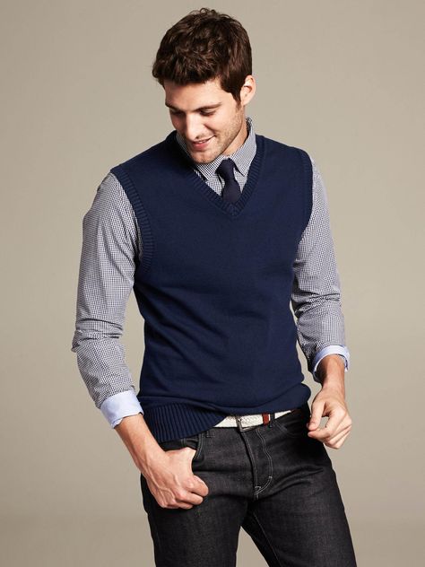 checked shirt, sleeveless sweater Navy Vest Outfit, Shirt Under Sweater Outfit, Sweater Vest Outfit Mens, Blue Vest Outfit, Navy Sweater Outfit, Shirt Under Sweater, Galactik Football, Blue Sweater Outfit, Vest Outfits Men