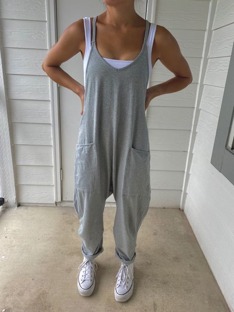 White Cropped Square Neck Tank Top - Free People , Grey Jumper - Free People Hot Shot Onesie , White High Top Platform Sneakers - Converse Free People Hot Shot Onesie, Trendy Overalls, Free People Jumpsuit, Overalls For Women, Grey Jumper, Jumper Outfit, Cozy Fall Outfits, Free People Clothing, Cute Fall Outfits