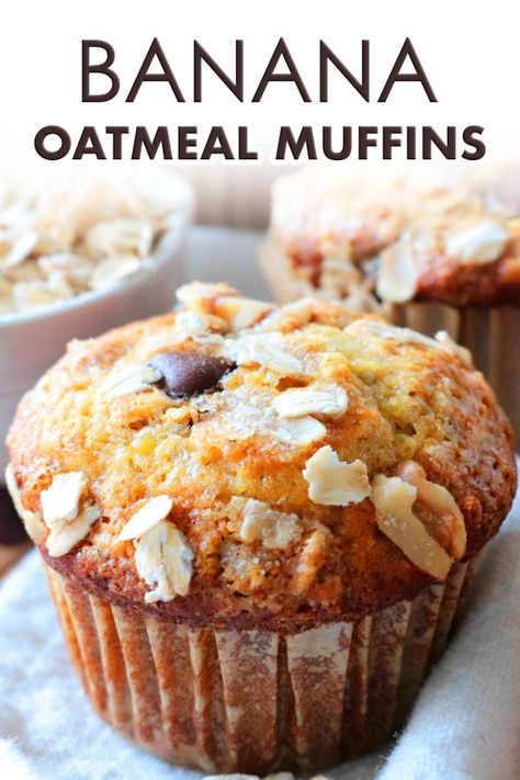 Banana Oatmeal Muffins with a fluffy interior, a tender crumb, banana-forward flavor, and just the right amount of sweet. They're chockfull of wholesome ingredients like bananas, old-fashioned oats, and walnuts. These quick and easy muffins are sure to be the family's new favorite breakfast treat! #muffins #muffinsrecipes #bananamuffins #oats #bananarecipes #bananaoatmealmuffins Banana Oatmeal Muffins, Old Fashioned Oats, Banana Oat Muffins, Brownie Desserts, Banana Chocolate Chip Muffins, Oatmeal Muffins, Banana Oats, Oreo Dessert, Banana Oatmeal