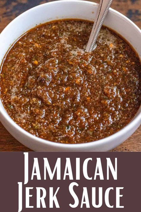 Jamaican Jerk Sauce is a spicy sauce that can be used as a marinade or to spice up any dish. If you want to bring a taste of the islands to your dish, this recipe is a must try! Jamaican Jerk Seasoning Marinade, Jerk Spice Recipe, Carribean Jerk Sauce, Carribean Jerk Seasoning, Authentic Jerk Marinade, Jamaican Dipping Sauce, Jamaican Sauce Recipe, Homemade Spicy Sauce, Jerked Chicken Recipe