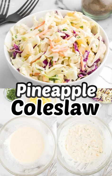 Pineapple coleslaw is the perfect tropical twist on your classic coleslaw recipe. This sweet and tangy side dish is perfect for potlucks, picnics, and cookouts. #recipes Coleslaw With Pineapple, Lime Coleslaw Recipe, Sweet Coleslaw Recipe, Pineapple Coleslaw Recipe, Classic Coleslaw Recipe, Classic Coleslaw, Pineapple Coleslaw, Best Coleslaw Recipe, Picnic Side Dishes