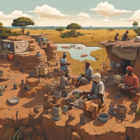 Zambian people making use of old metals to reuse or sell off In their markets. African Folklore, Village Illustration, African City, African Village, Rural Community, Mount Kenya, African Life, Human Environment, Panther Art