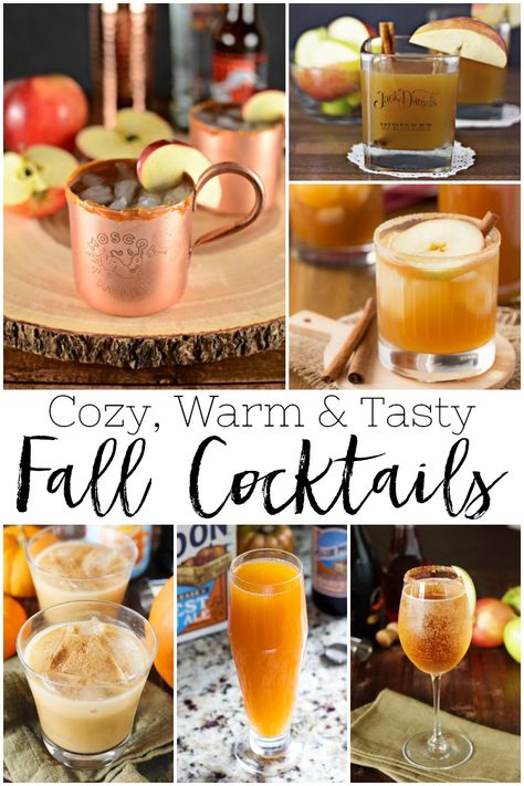 Cozy, warm & tasty fall coctails poster. Fall Signature Drinks, Fall Wedding Cocktails, Fall Drinks Alcohol, Cinnamon Cocktail, Apple Pie Cocktail, Caramel Apple Pops, Warm Cocktails, Coctails Recipes, Fall Cocktails Recipes