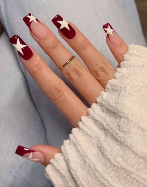 Bday Nails Square, Nail Inspo Square White, Red And Black Gel Nails Ideas, Maroon And White Nails, Better Nails, College Nails, Short Red Nails, Deep Red Nails, Red And White Nails