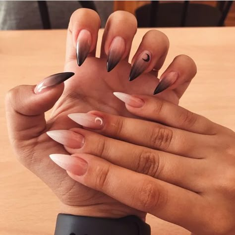 Edgy Nails Grunge Stilleto, Goth Wedding Nails, Black Fade Nails, Short Sharp Nails, Demon Nails, Witch Nails, Witchy Nails, October Nails, Anime Nails