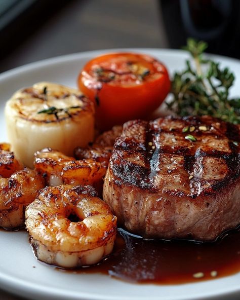 WOULD YOU TRY THIS MOUTHWATERING 🍤 Surf and Turf Delight 🥩? 🥩 A perfect dinner that combines the juiciness of ribeye steak with succulent garlic butter shrimp, satisfying all your cravings! 🍅 Ingredients 🍅 - 2 prime ribeye steaks, about 1-inch thick - 1 pound shrimp, peeled and deveined - 2 tablespoons olive oil - Salt and freshly ground black pepper, to taste For the Garlic Butter: - 4 tablespoons unsalted butter - 4 cloves garlic, minced - 1 tablespoon freshly chopped parsley - ... Steak Dinner Ideas, Fresh Dinners, Parsley Sauce, Make Garlic Butter, Healthy Eating Meal Plan, Garlic Butter Shrimp, Surf And Turf, Butter Shrimp, Perfect Dinner