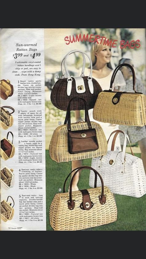 Hermes Birkin Bag 35cm, 1960 Style, Purses Vintage, Rattan Handbags, 1970's Fashion, Oreo Recipes, 60s And 70s Fashion, Retro Handbags, Fashion Illustration Vintage