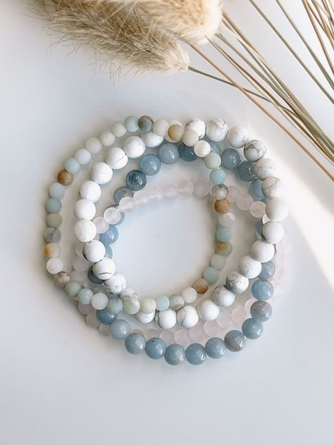 BEACHY Bracelets Amazonite Rose Quartz Howlite - Etsy Australia Making Gemstone Bracelets, Gemstone Bracelet Ideas, Stringed Bracelets, Bracelet Combos, Stone Bead Bracelets, Stretch Beaded Bracelets Diy, Healing Beads, Beachy Bracelets, Ocean Bracelet