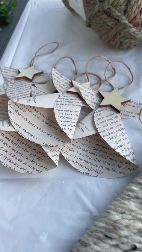 Christmas Tree Angels To Make, Angel Christmas Decor, Ornaments Out Of Book Pages, Old Book Pages Crafts Christmas, Book Themed Ornaments Diy, Crafts Using Old Hymnal Pages, Paper Angel Ornaments Diy, Angel Diy Ornaments, Paper Christmas Ornaments Diy Easy