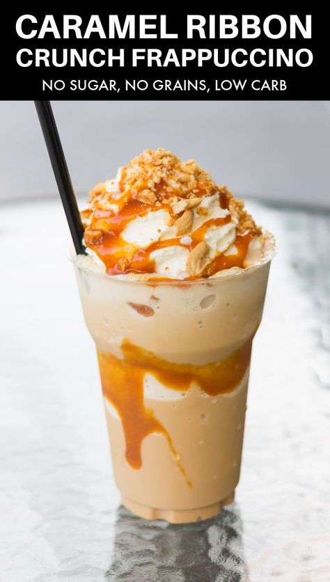 Caramel Ribbon Crunch Frappuccino Recipe, Caramel Ribbon Crunch Frappuccino, Ribbon Crunch Frappuccino, Frappe Recipes, Frappuccino Recipes, Caramel Ribbon Crunch, Keto Beverages, Homemade Coffee Drinks, Breakfast Drinks