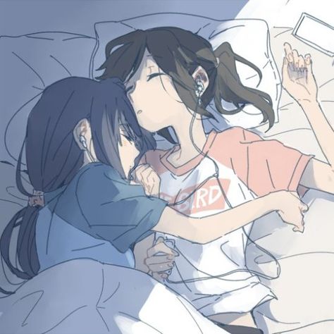 Sleeping Together Anime, Cute Anime Sleeping, Hugging Anime, Sleeping Anime, Anime Sleeping, Hug Pose, Wlw Art, Sleeping Drawing, Hibike Euphonium