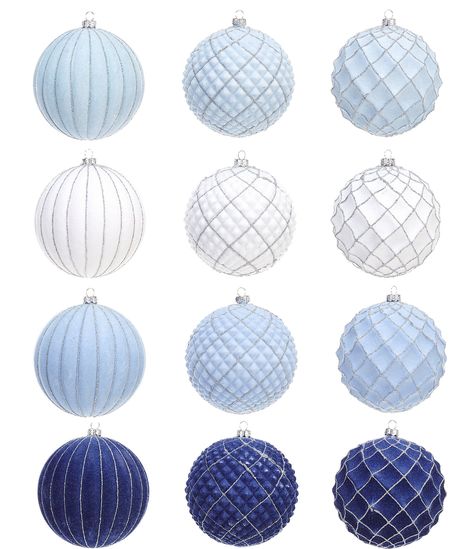 From the Southern Living Blue Christmas Collection, this ornament set features:matte finish balls accented with textured detail and glitterset includes 3 dark blue, 3 medium blue, 3 light blue, and 3 whiteeach ornament approx. 4" x 4.5"crafted of plasticImported.Southern Living is a registered trademark TI Lifestyle Group LLC. A subsidiary of Meredith Operations Corporation and is used under license. Blue Farmhouse Christmas Decor, Toile Christmas Tree, Christmas Color Themes Decorating Ideas, Blue And White Holiday Decor, Blueberry Christmas Decor, Blue Silver White Christmas Decor, Ice Blue Christmas Decor, Dusty Blue Christmas Decor, Pink And Blue Christmas Decorations