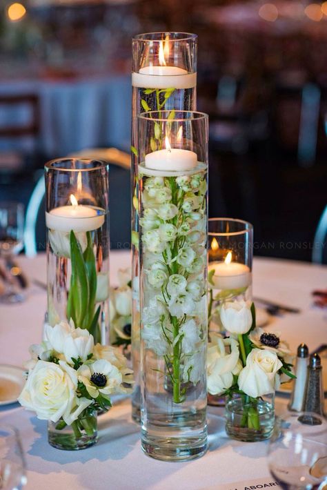 HMR Designs Chicago Centerpieces Flowers And Candles, Submerged Flower Centerpiece, Submerged Flowers, Floating Candle Centerpieces Wedding, Floating Centerpieces, Backyard Reception, Wedding Backyard, Candle Wedding, 카페 인테리어 디자인