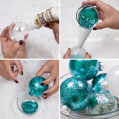 DIY Glitter Ornaments: 3 Easy Techniques Christmas Balls Diy, Diy Glitter Ornaments, Glass Ornaments Diy, Christmas Glitter Ornaments, Glitter Ornaments Diy, Disney Christmas Decorations, Peacock Christmas, Diy Christmas Ornaments Easy, Diy Glitter