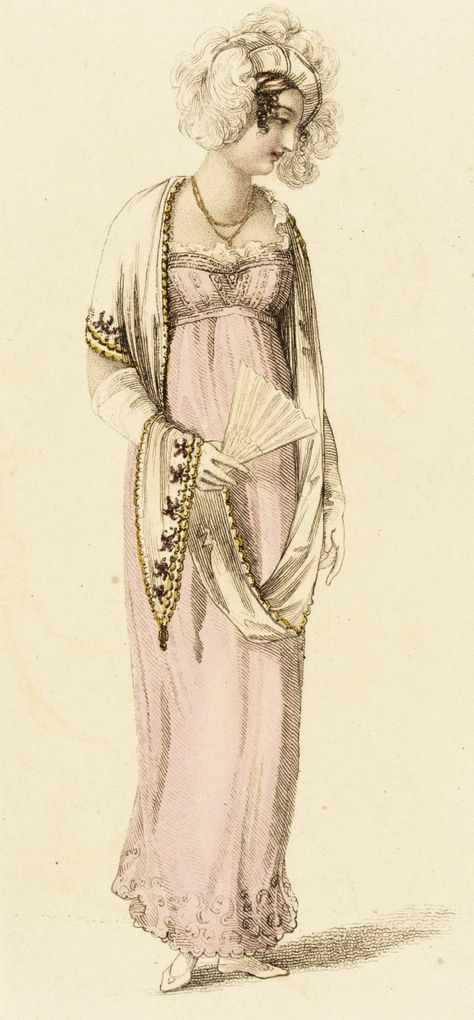 1810 Pale Pink Half Dress. Empire style gown, shawl, fan. Fashion Plate (Half Dress). collections.lacma.org Half Dress, Istoria Modei, Regency Gown, Regency Era Fashion, 1800s Fashion, Regency Dress, Regency Fashion, 19th Century Fashion, Regency Era