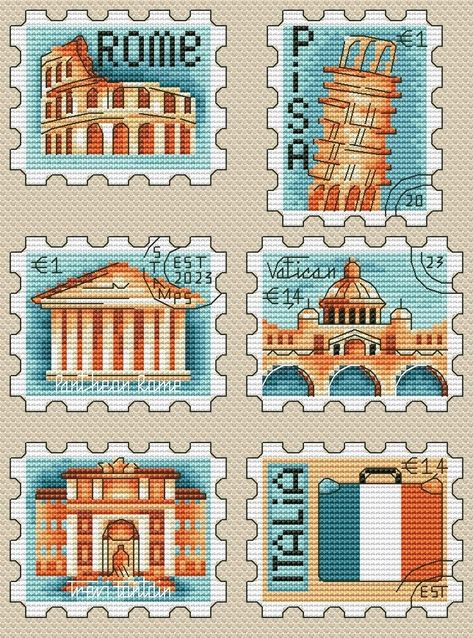 Italy Postage Stamp Set Cross Stitch Pattern, code TR-071 Toma Reznichenko | Buy online on Mybobbin.com Cross Stitch Map, Postage Stamp Design, Free Cross Stitch Charts, Disney Cross Stitch Patterns, Craft Images, Small Cross Stitch, Disney Cross Stitch, Mini Cross Stitch, Pattern Code