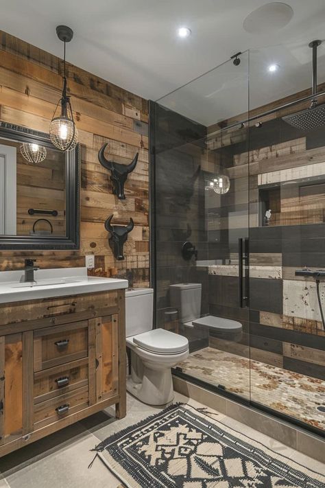 Rustic Western Bathroom Ideas, Cowboy Western Decor, Rustic Home Remodel Ideas, House Design Western, Western House Outside, House Decor Western, Barndominium Decorating Ideas, Rustic Bathroom Ideas Showers, Ranch Style Bathroom