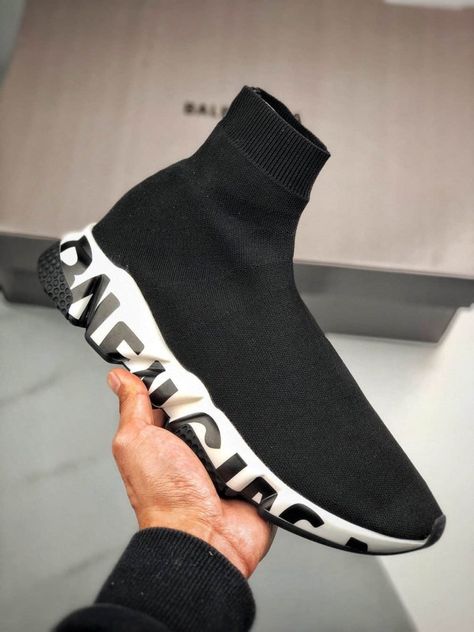 Balenciaga Speed Trainers Graffiti Branding Black White Balenciaga Speed Trainer Outfit Men, Balenciaga Sock Shoes, Balenciaga Speed Trainers, Balenciaga Speed Trainer, Balenciaga Speed, Nike Hat, Balenciaga Sneakers, Nike Air Shoes, Exclusive Sneakers