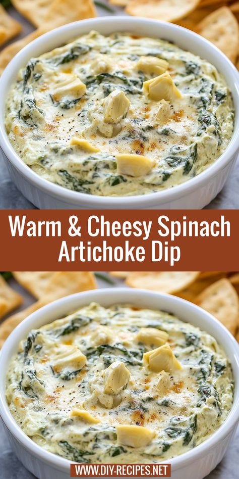 Enjoy the irresistible combination of spinach, artichokes, and cheese with this warm, baked dip. Perfect for a party or snack night! 5 Star Spinach Artichoke Dip, Spinach Artichoke Dip No Cream Cheese, Best Hot Spinach Artichoke Dip, Spinach Artichoke Dip Oven Baked, Best Artichoke Recipe Spinach Dip, Longhorn Spinach Artichoke Dip, Knorr Spinach Artichoke Dip Recipe, Cottage Cheese Spinach Artichoke Dip, Baked Artichoke Recipes